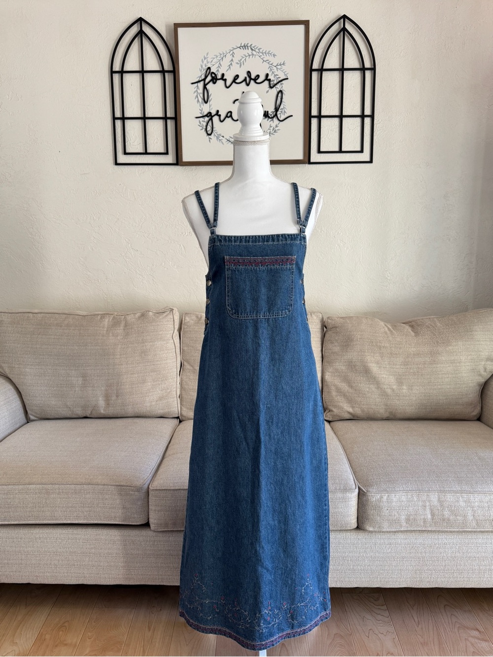 Y2K Coldwater Creek denim overall maxi dress with embroidered detailing size S 🌿